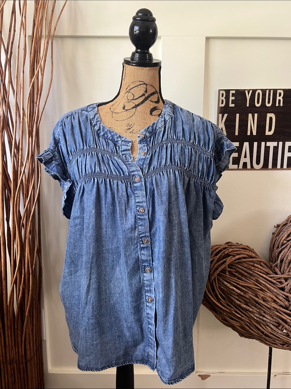 Jane and Delancey Blue Denim Button-Front Smocked Yoke Blouse